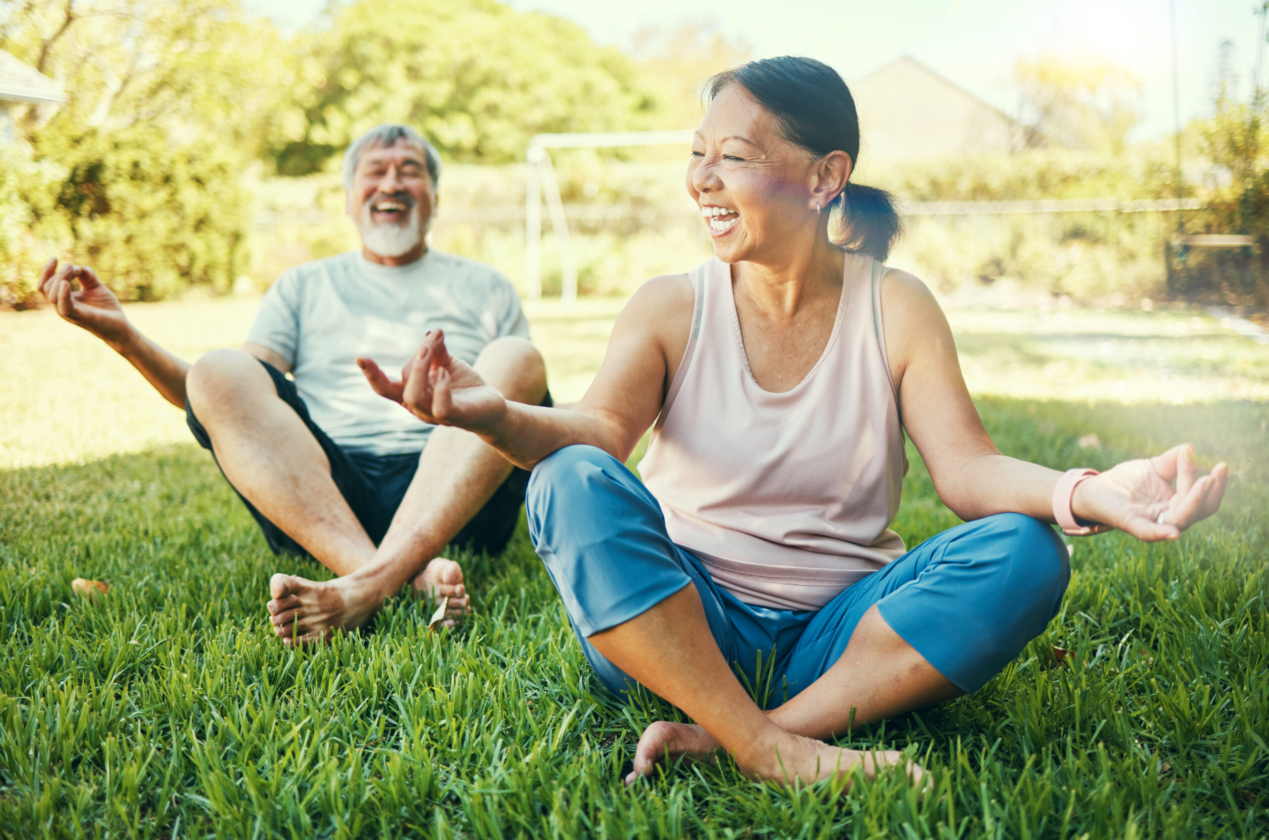 Funny couple, yoga and lotus meditation on grass at park for mindfulness, peace or calm. Mature man.
