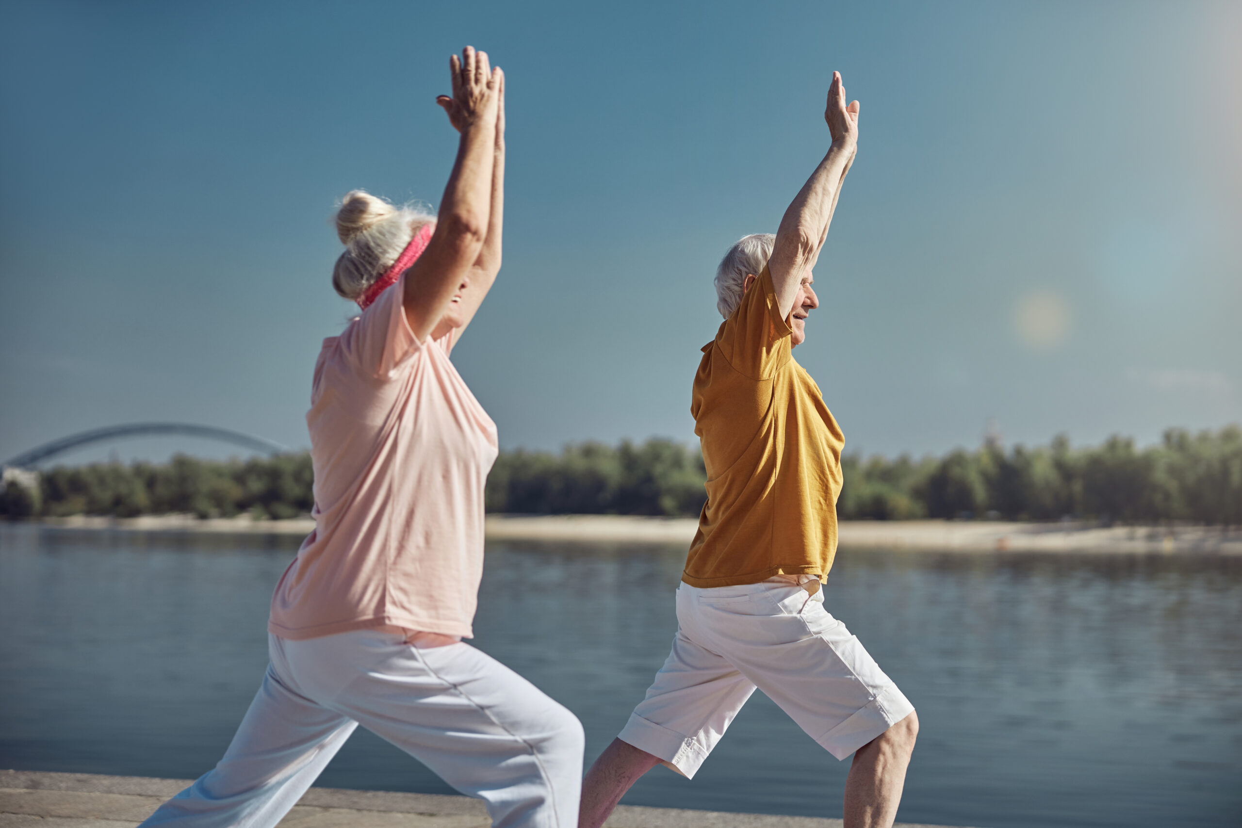 Side view of a woman and her yoga partner standing in a warrior one pose